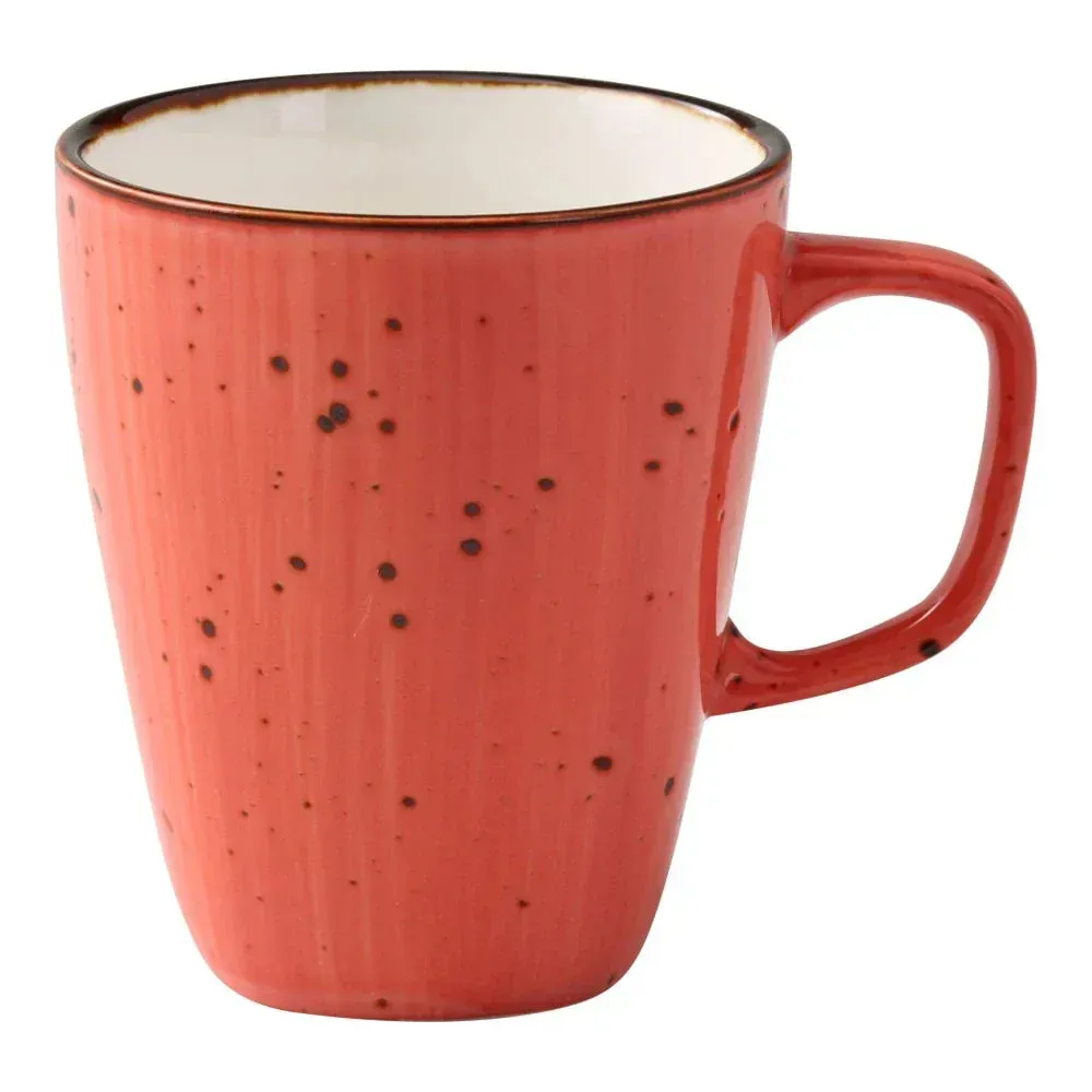 Standard ten ounce reactive glaze coral coffee mug from Yanco China, featuring a comfortable handle and rustic beverage charm.
