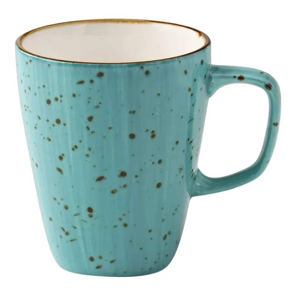 Standard ten ounce reactive glaze turquoise coffee mug from Yanco China, featuring a comfortable handle and rustic charm for beverage service.