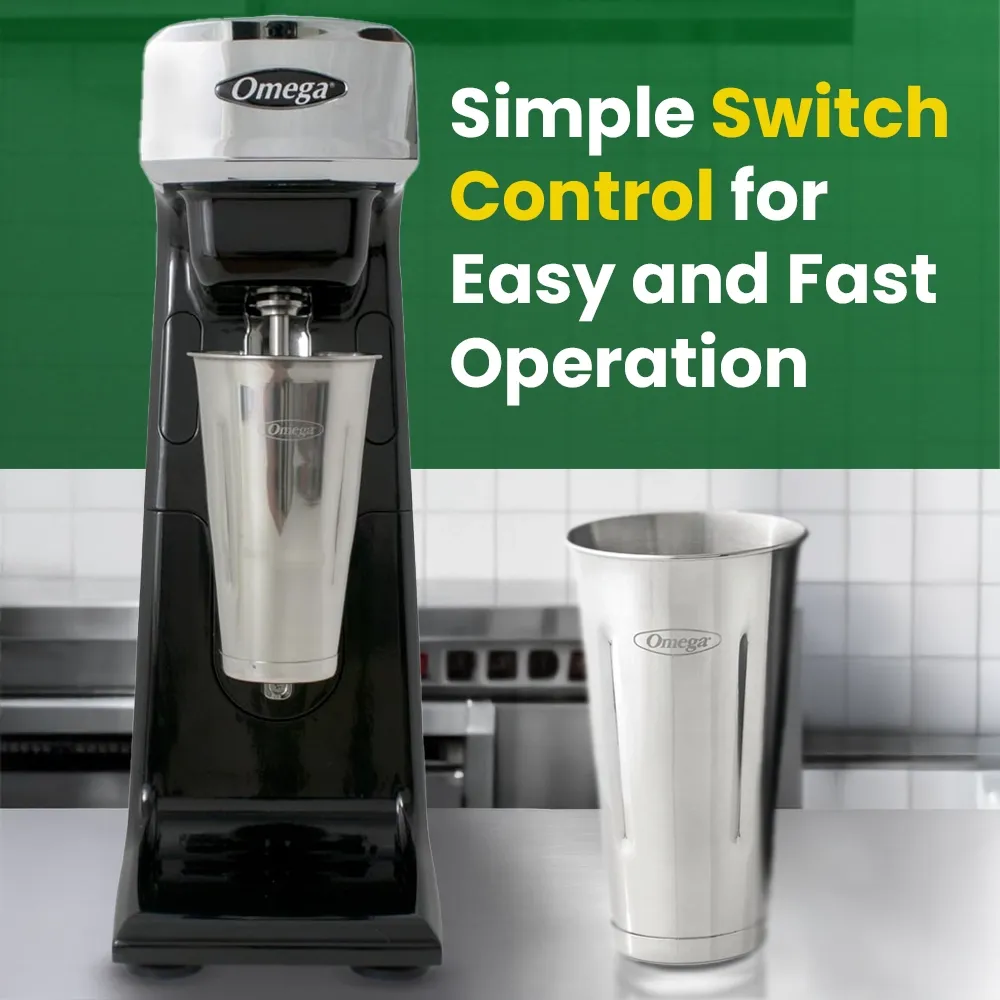 Omega Juicer black single spindle commercial milkshake maker for diner or cafe beverage stations, delivering reliable performance daily.