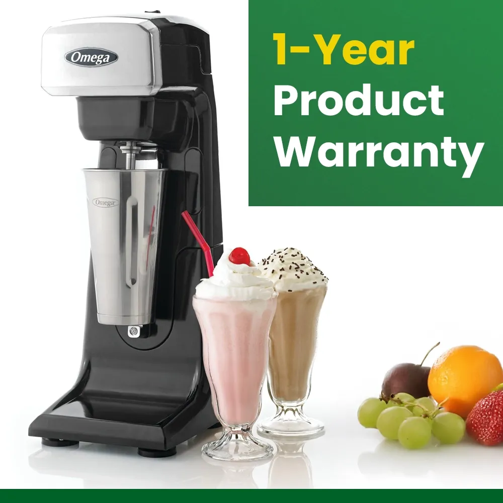Omega Juicer black single spindle commercial milkshake maker for diner or cafe beverage stations, delivering reliable performance daily.