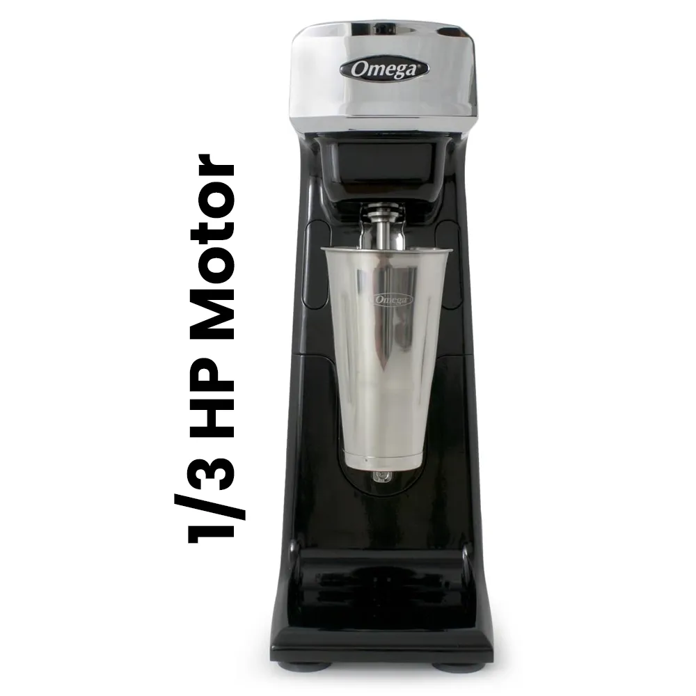 Omega Juicer black single spindle commercial milkshake maker for diner or cafe beverage stations, delivering reliable performance daily.
