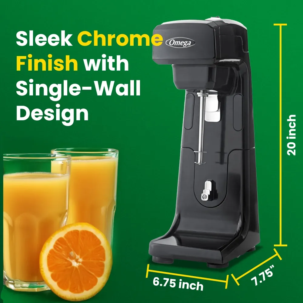 Omega Juicer black single spindle commercial milkshake maker for diner or cafe beverage stations, delivering reliable performance daily.