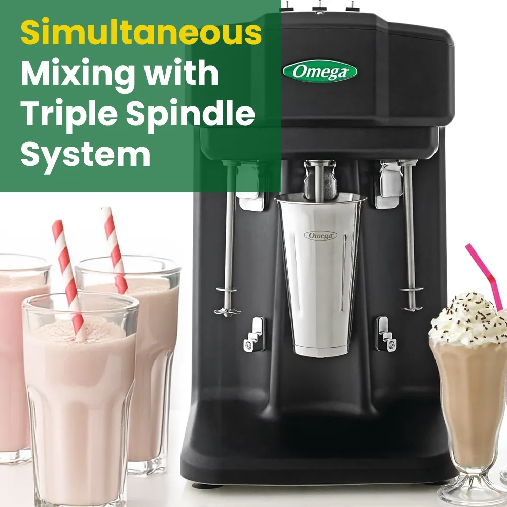 Omega Juicer black commercial drink mixer with three spindle blending heads and central stainless steel mixing cup for cold beverages.