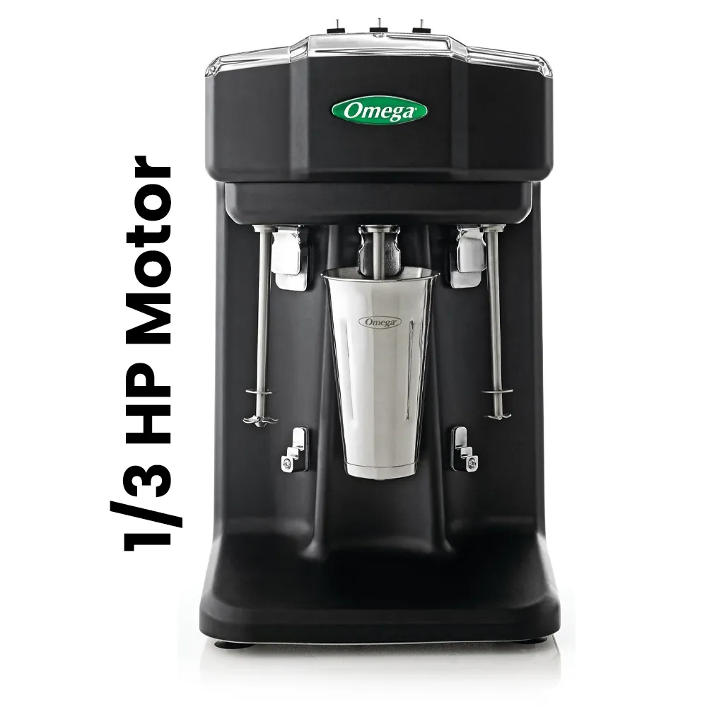 Omega Juicer black commercial drink mixer with three spindle blending heads and central stainless steel mixing cup for cold beverages.