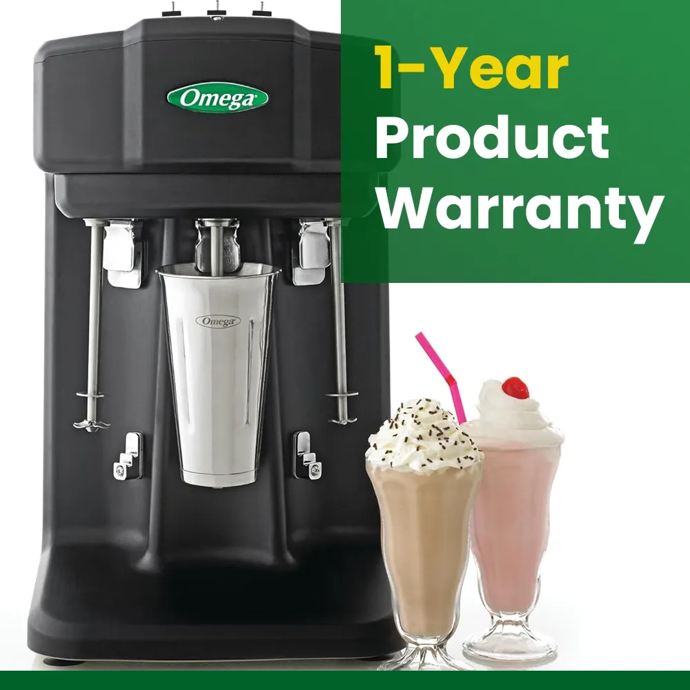 Omega Juicer black commercial drink mixer with three spindle blending heads and central stainless steel mixing cup for cold beverages.