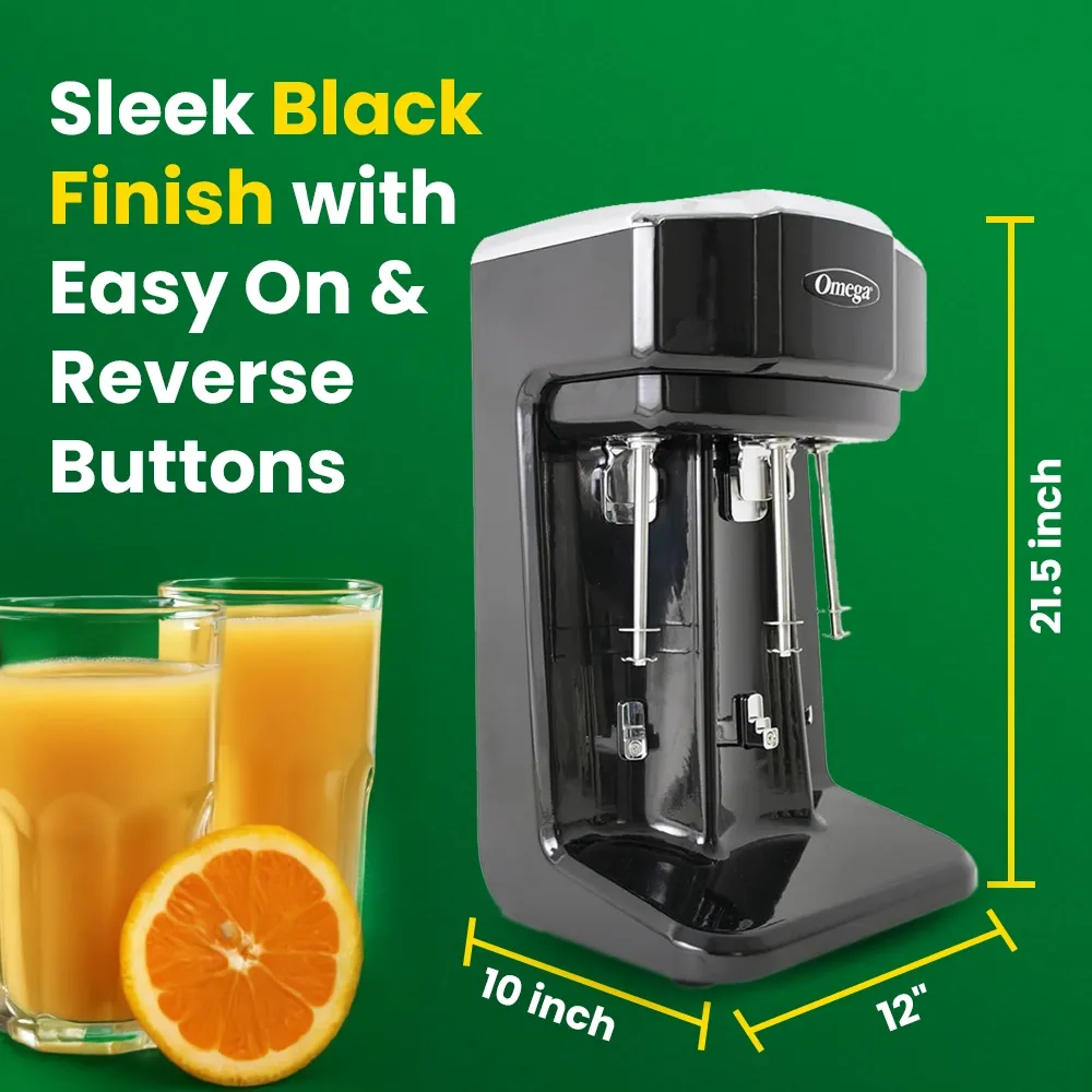 Omega Juicer black commercial drink mixer with three spindle blending heads and central stainless steel mixing cup for cold beverages.