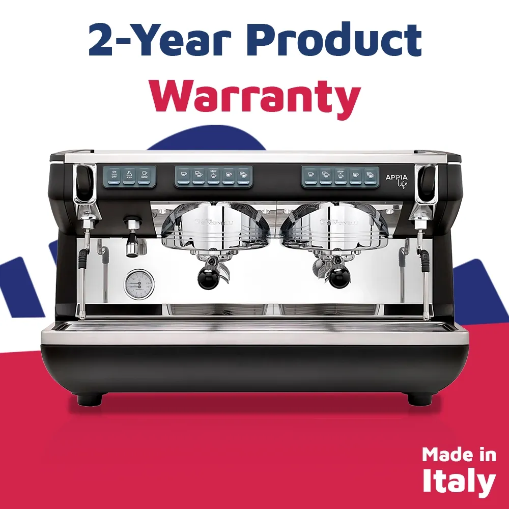 Nuova Simonelli dual-group matte black espresso machine with LED lights and precision gauges delivers high-volume shots on café counter.