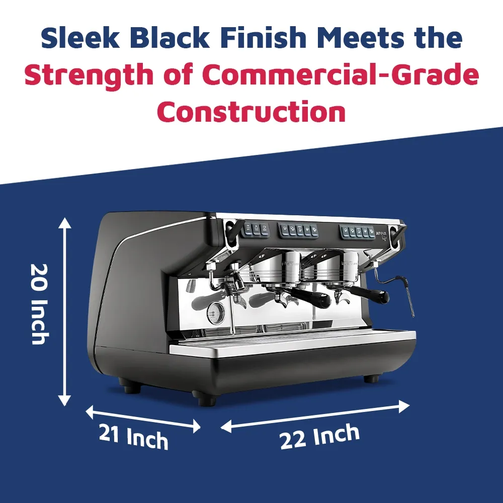 Nuova Simonelli dual-group matte black espresso machine with LED lights and precision gauges delivers high-volume shots on café counter.