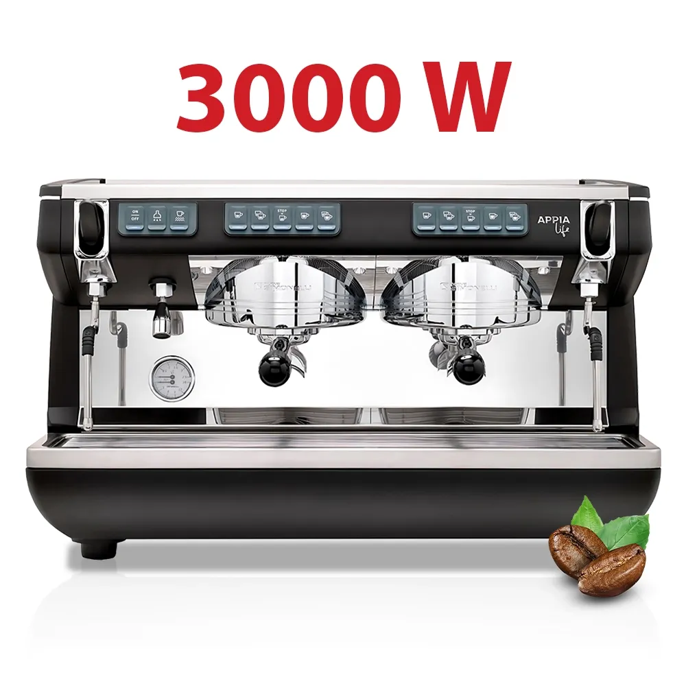 Nuova Simonelli dual-group matte black espresso machine with LED lights and precision gauges delivers high-volume shots on café counter.