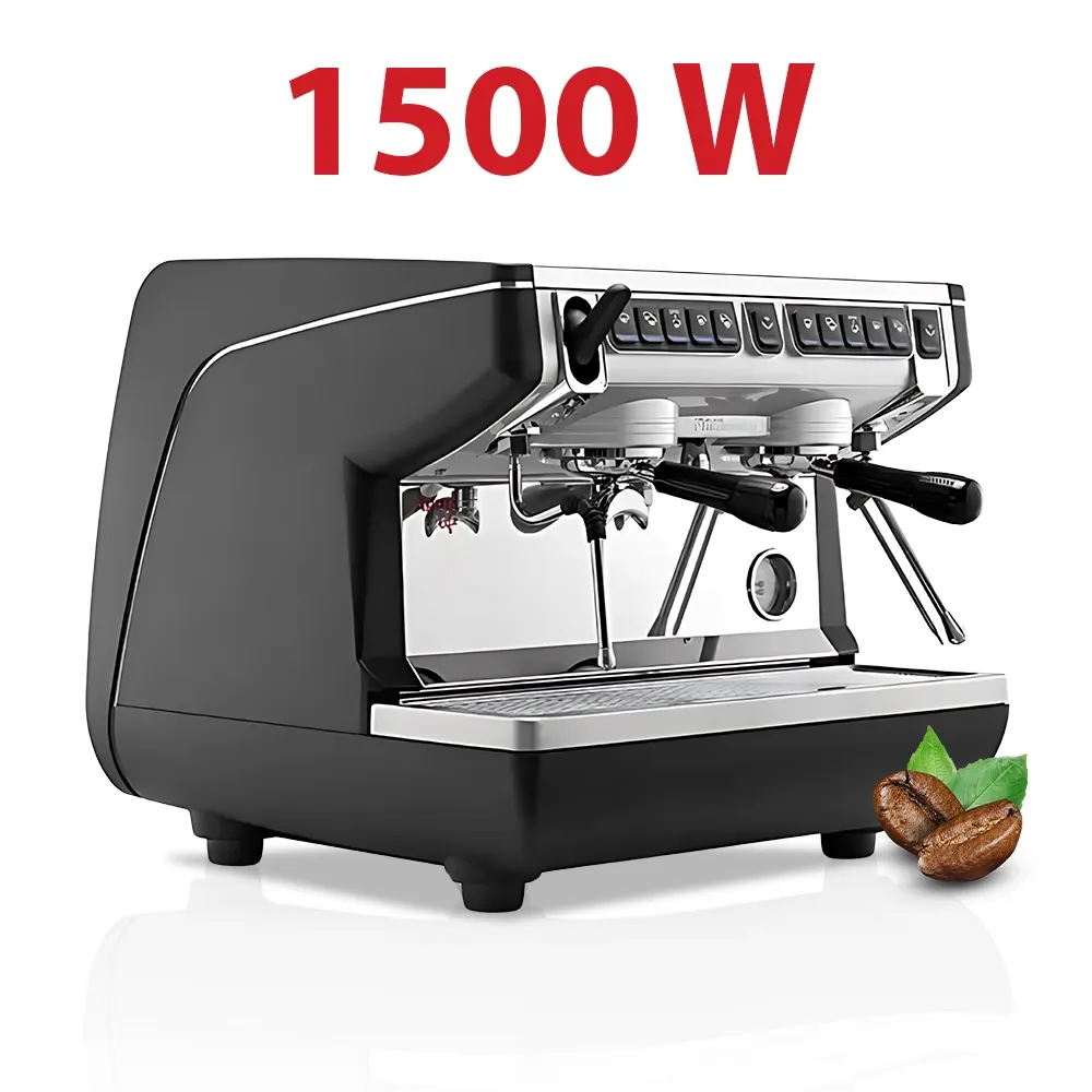 Nuova Simonelli volumetric espresso machine in glossy white with chrome steam wands and digital display sits on granite bar with latte tools.