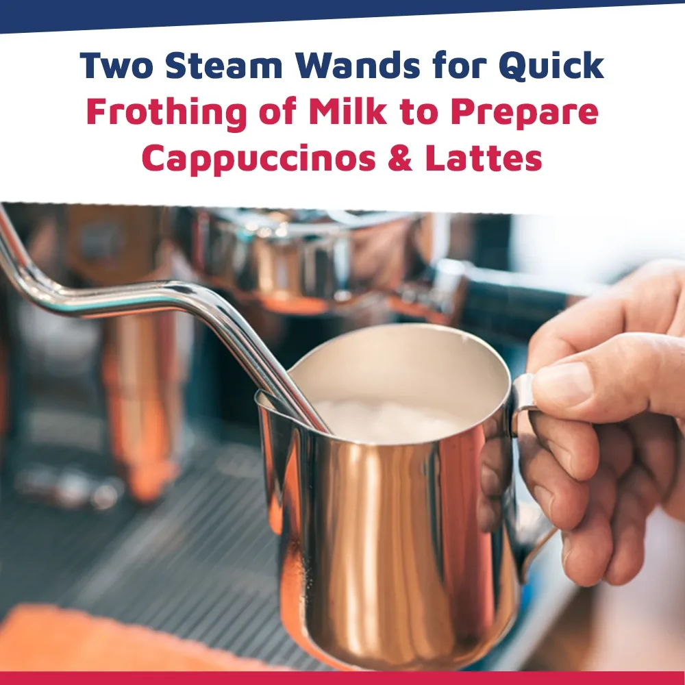 Nuova Simonelli advanced espresso machine with auto steam wand, lit workspace, and stainless body on clean bar with frothing pitcher nearby.