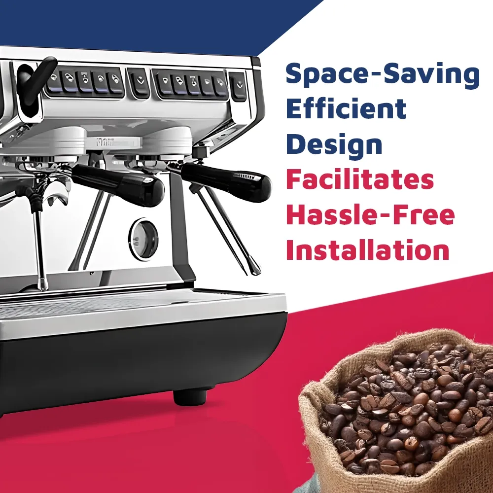 Nuova Simonelli advanced espresso machine with auto steam wand, lit workspace, and stainless body on clean bar with frothing pitcher nearby.