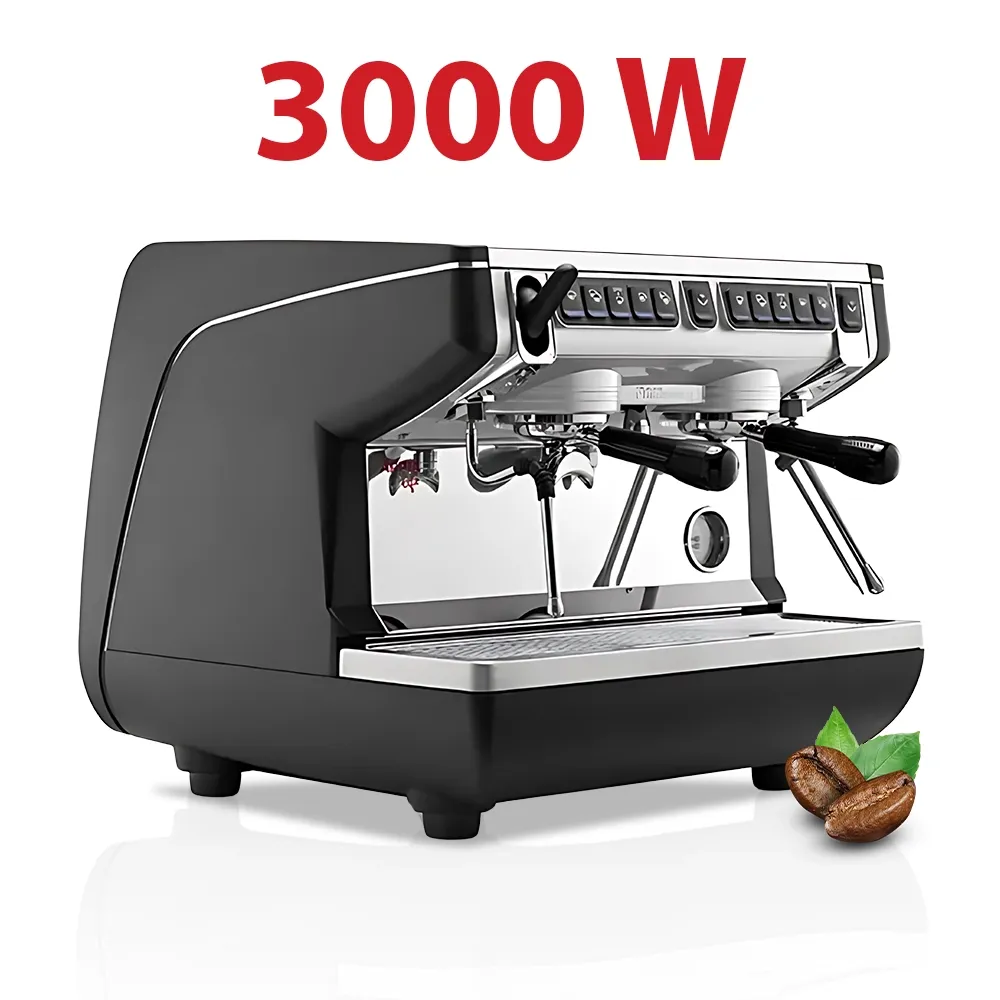 Nuova Simonelli sleek two-group compact espresso machine in brushed steel with autosteam wand placed on a café counter under soft ambient lighting.