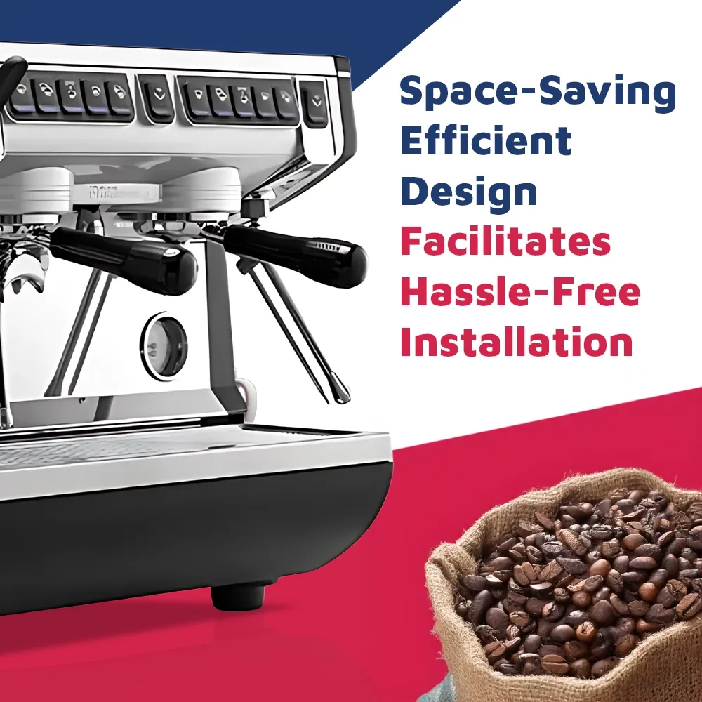 Nuova Simonelli single-group semi-auto espresso machine in brushed stainless steel with levers and compact design fits neatly beside grinder.