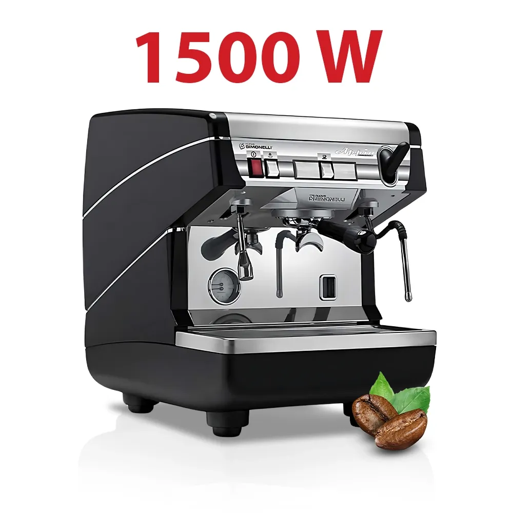 Nuova Simonelli single-group semi-auto espresso machine in brushed stainless steel with levers and compact design fits neatly beside grinder.
