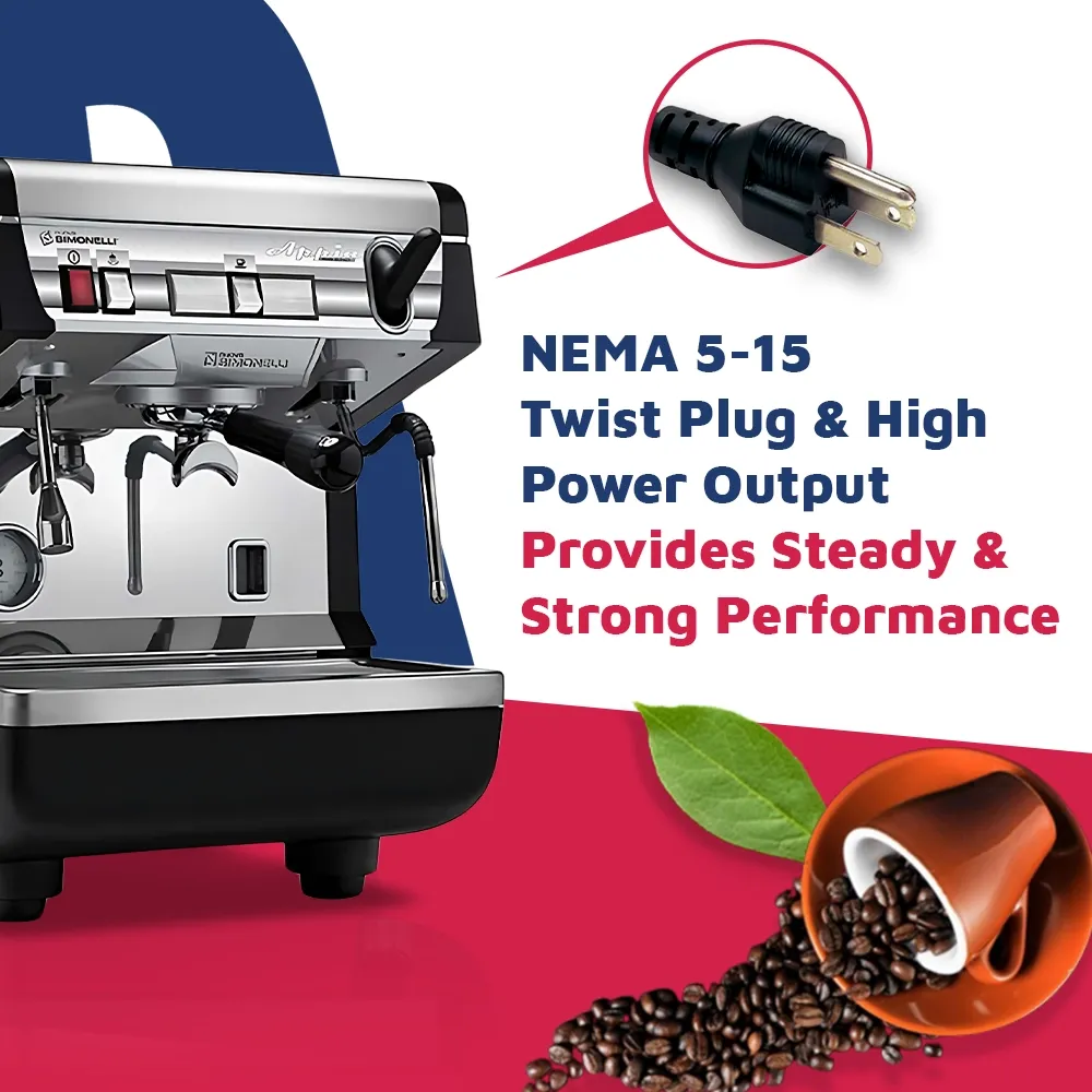 Nuova Simonelli single-group semi-auto espresso machine in brushed stainless steel with levers and compact design fits neatly beside grinder.