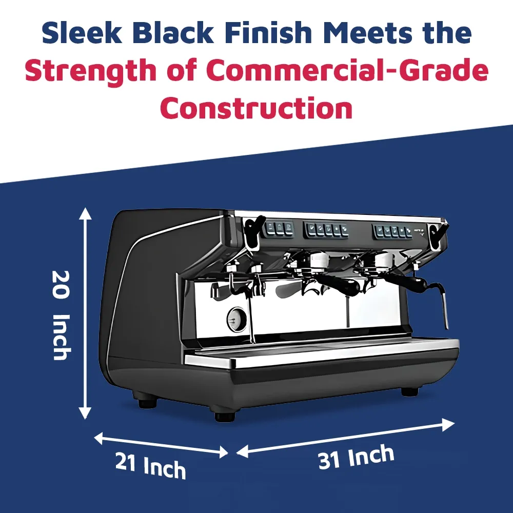 Nuova Simonelli matte black dual-group espresso machine with chrome touches, LED controls, and steam wands on stainless counter for rich crema.