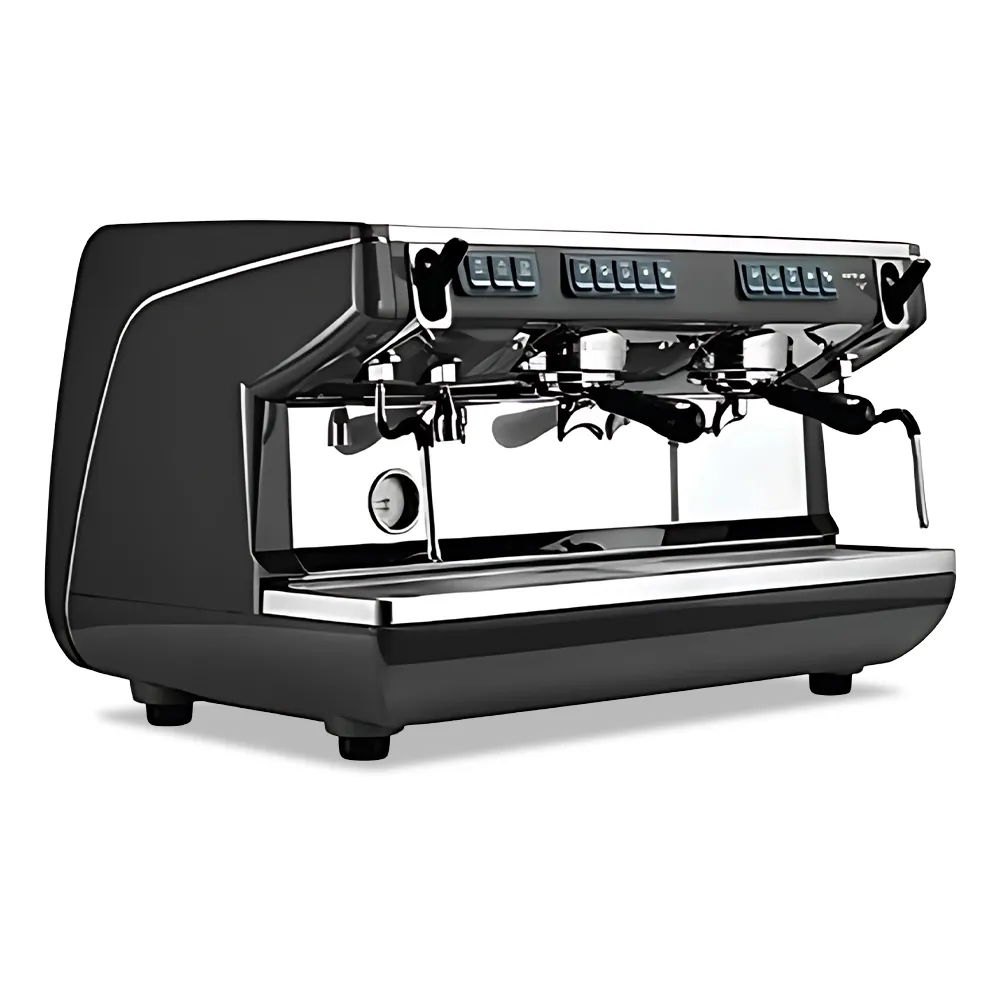 Nuova Simonelli matte black dual-group espresso machine with chrome touches, LED controls, and steam wands on stainless counter for rich crema.