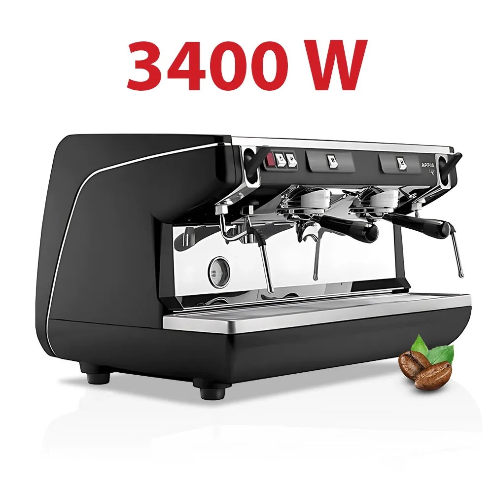 Nuova Simonelli pearl white dual-group espresso machine with glossy finish, lit heads, and sleek design on marble bar with café tools nearby.