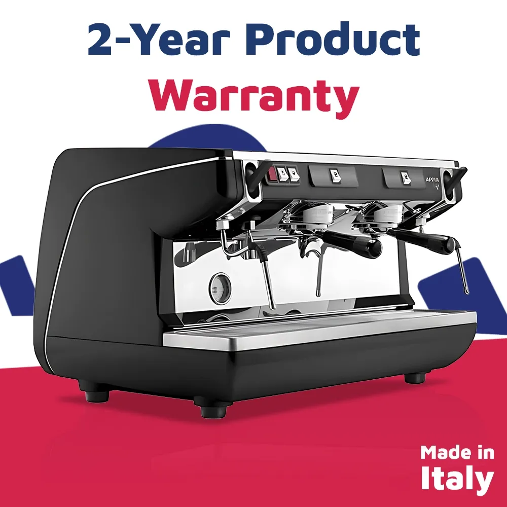 Nuova Simonelli pearl white dual-group espresso machine with glossy finish, lit heads, and sleek design on marble bar with café tools nearby.