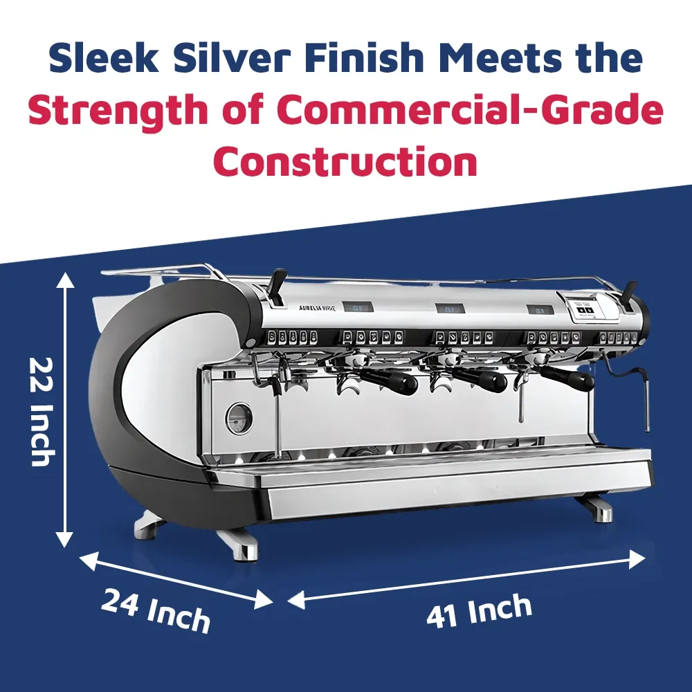 Nuova Simonelli semi-automatic three-group espresso machine in stainless steel with volumetric dosing for barista precision in busy cafés.