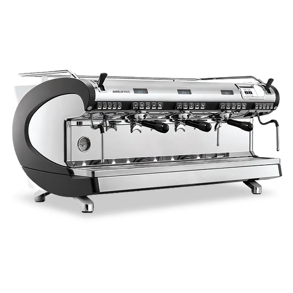 Nuova Simonelli semi-automatic three-group espresso machine in stainless steel with volumetric dosing for barista precision in busy cafés.