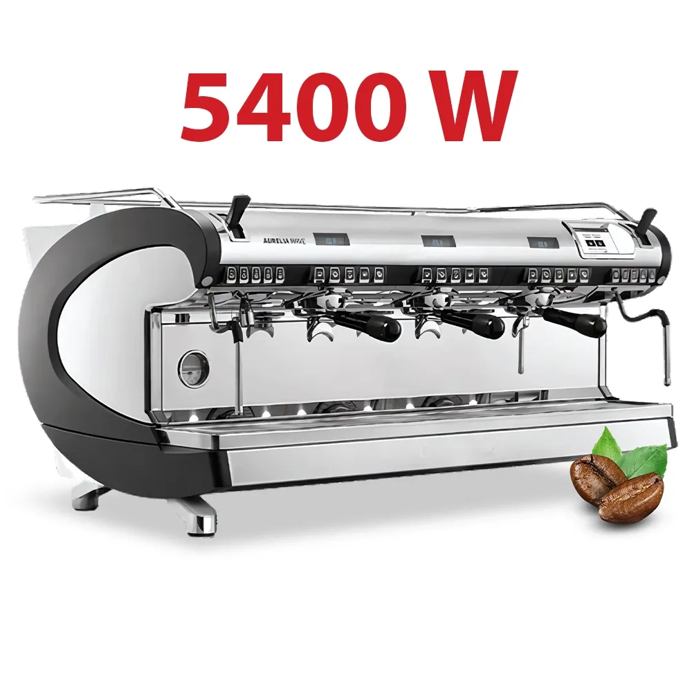 Nuova Simonelli semi-automatic three-group espresso machine in stainless steel with volumetric dosing for barista precision in busy cafés.