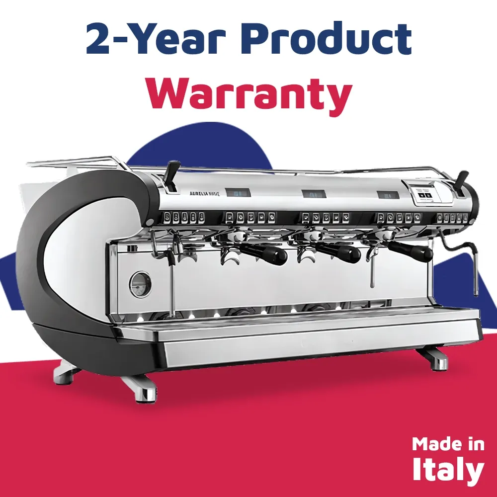 Nuova Simonelli semi-automatic three-group espresso machine in stainless steel with volumetric dosing for barista precision in busy cafés.