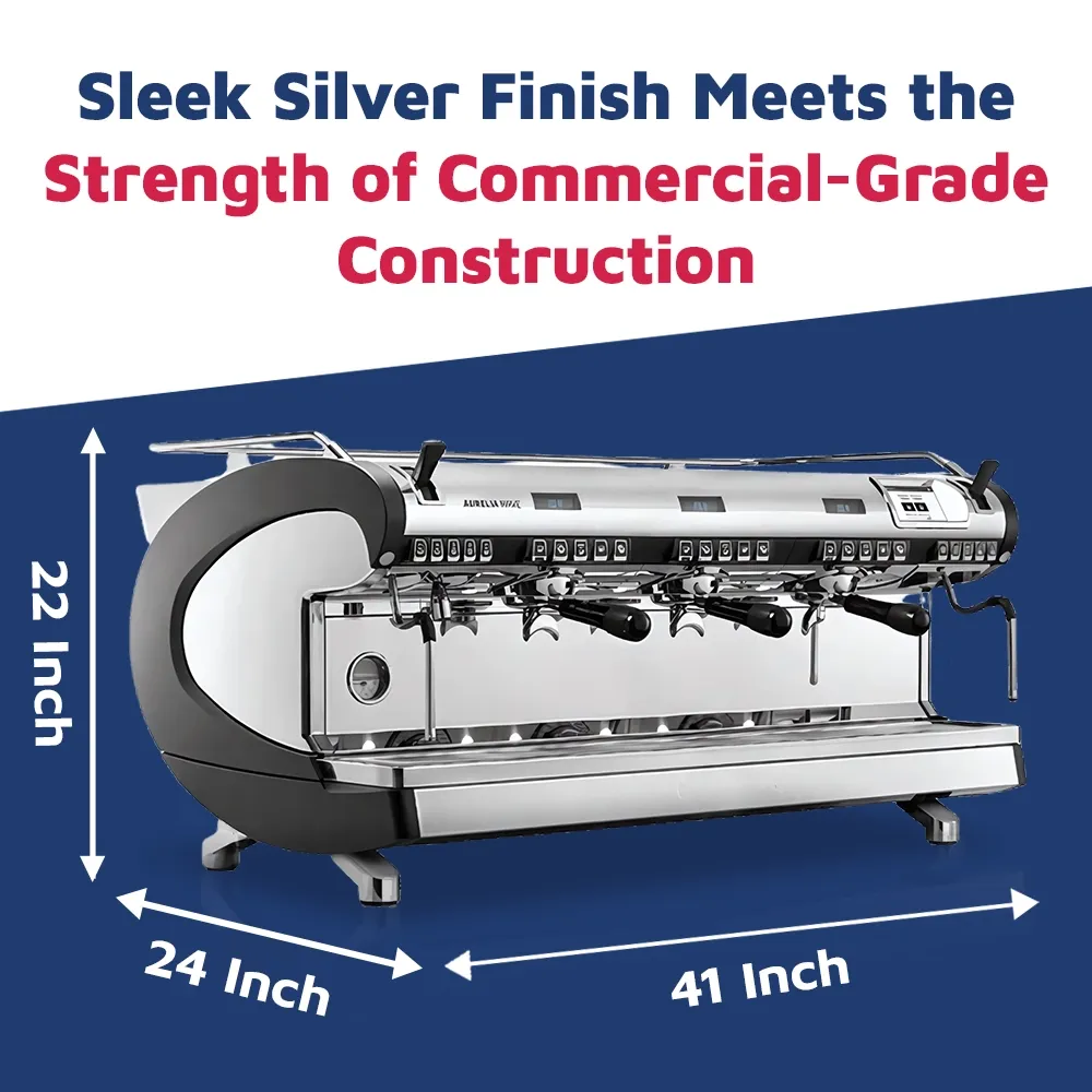 Nuova Simonelli three-group espresso machine in stainless steel with digital display delivers programmable shots and easy cleaning in cafés.