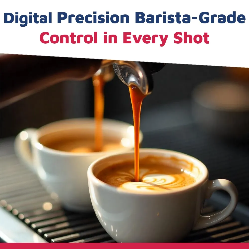 Nuova Simonelli three-group espresso machine in stainless steel with digital display delivers programmable shots and easy cleaning in cafés.