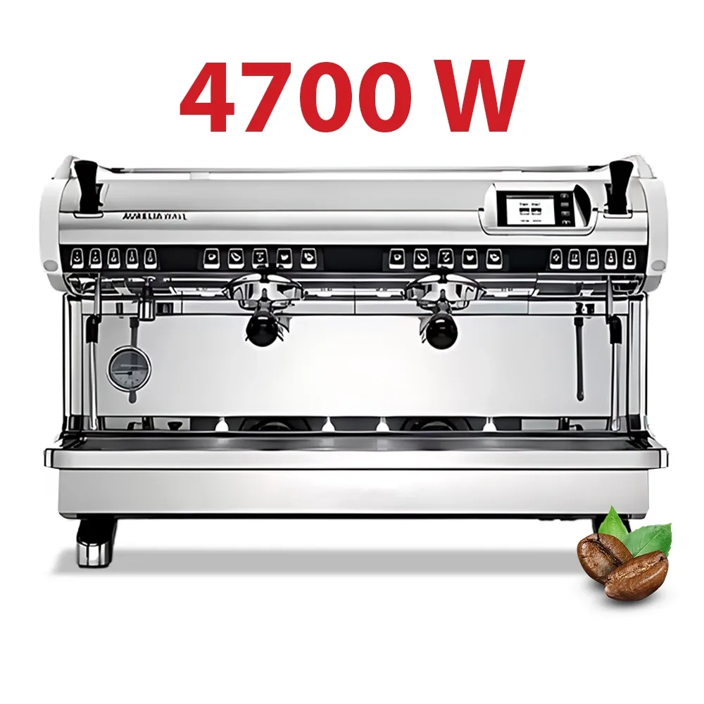 Nuova Simonelli two-group volume control espresso machine in stainless steel with precise dosing, user-friendly controls, and compact café design.