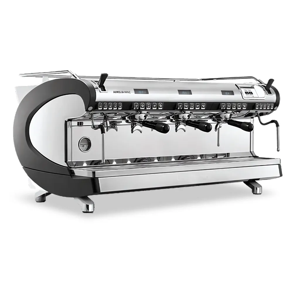 Nuova Simonelli three-group volume control espresso machine in stainless steel delivers accurate dosing and durable performance for high-volume cafés.