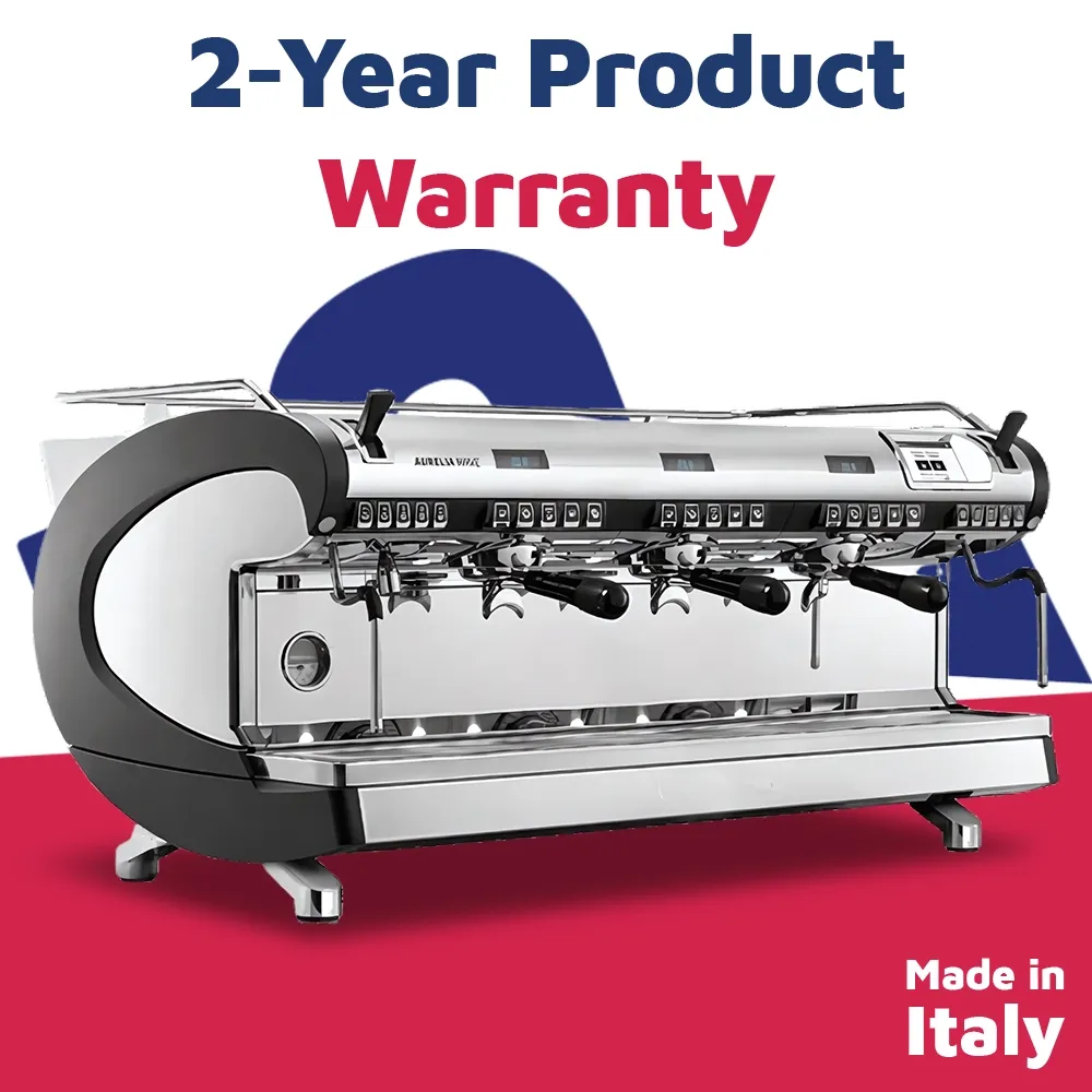 Nuova Simonelli three-group volume control espresso machine in stainless steel delivers accurate dosing and durable performance for high-volume cafés.