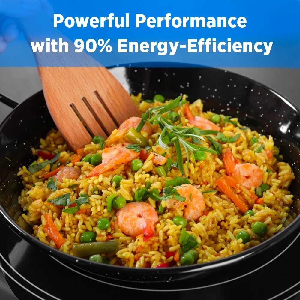 Midea single hob countertop induction cooker with thermostatic controls, four hundred watt, fourteen point two inch, stainless steel, for precision cooking.