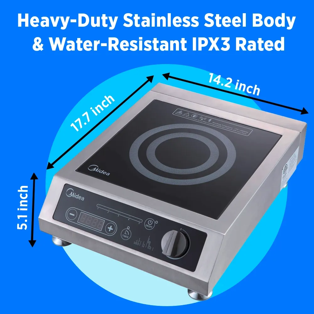 Midea single hob countertop induction cooker with thermostatic controls, four hundred watt, fourteen point two inch, stainless steel, for precision cooking.