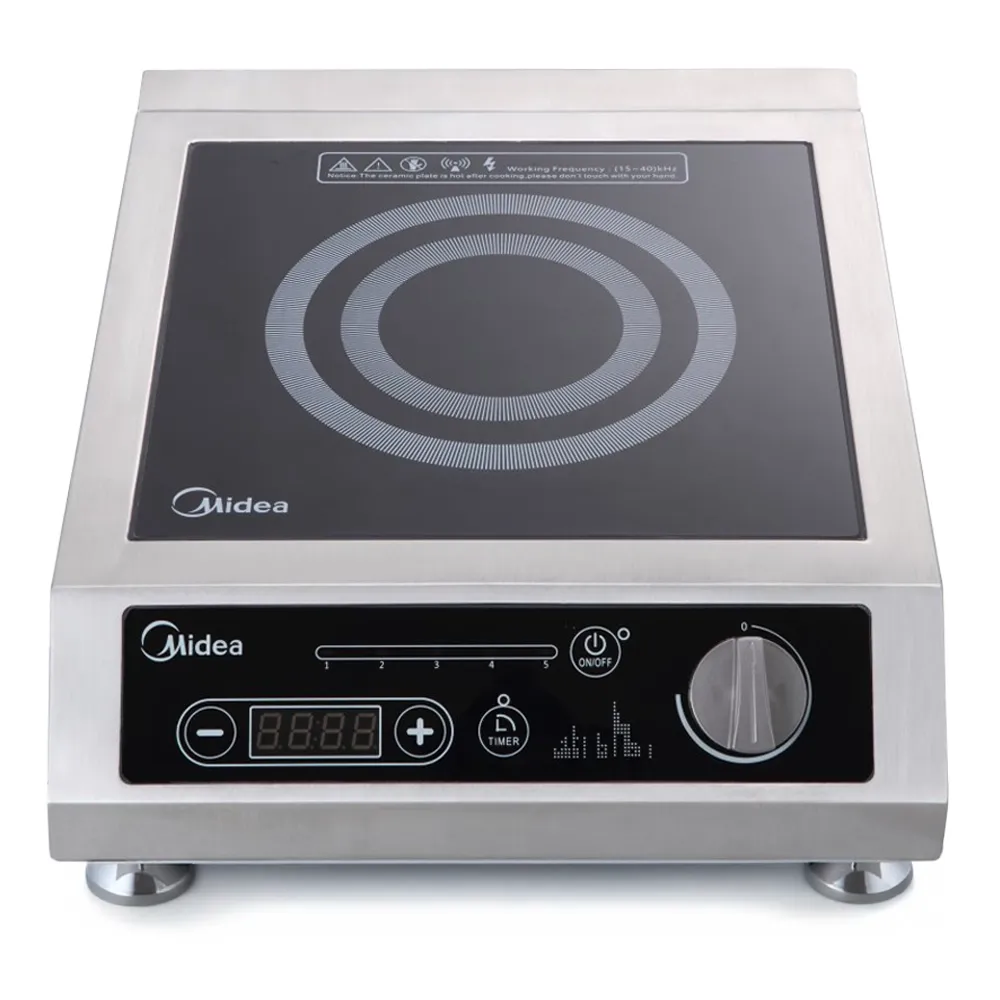Midea single hob countertop induction cooker with thermostatic controls, four hundred watt, fourteen point two inch, stainless steel, for precision cooking.