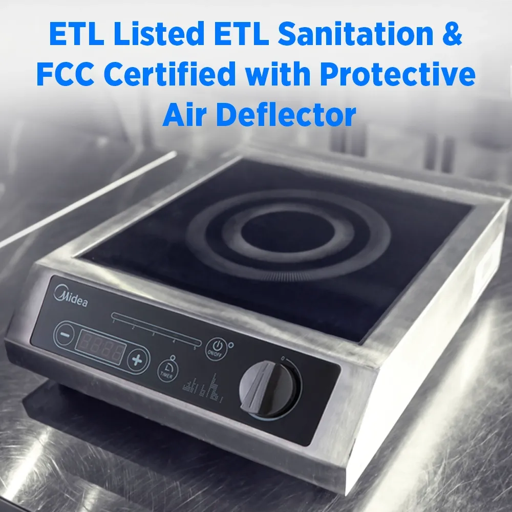 Midea single hob countertop induction cooker with thermostatic controls, four hundred watt, fourteen point two inch, stainless steel, for precision cooking.