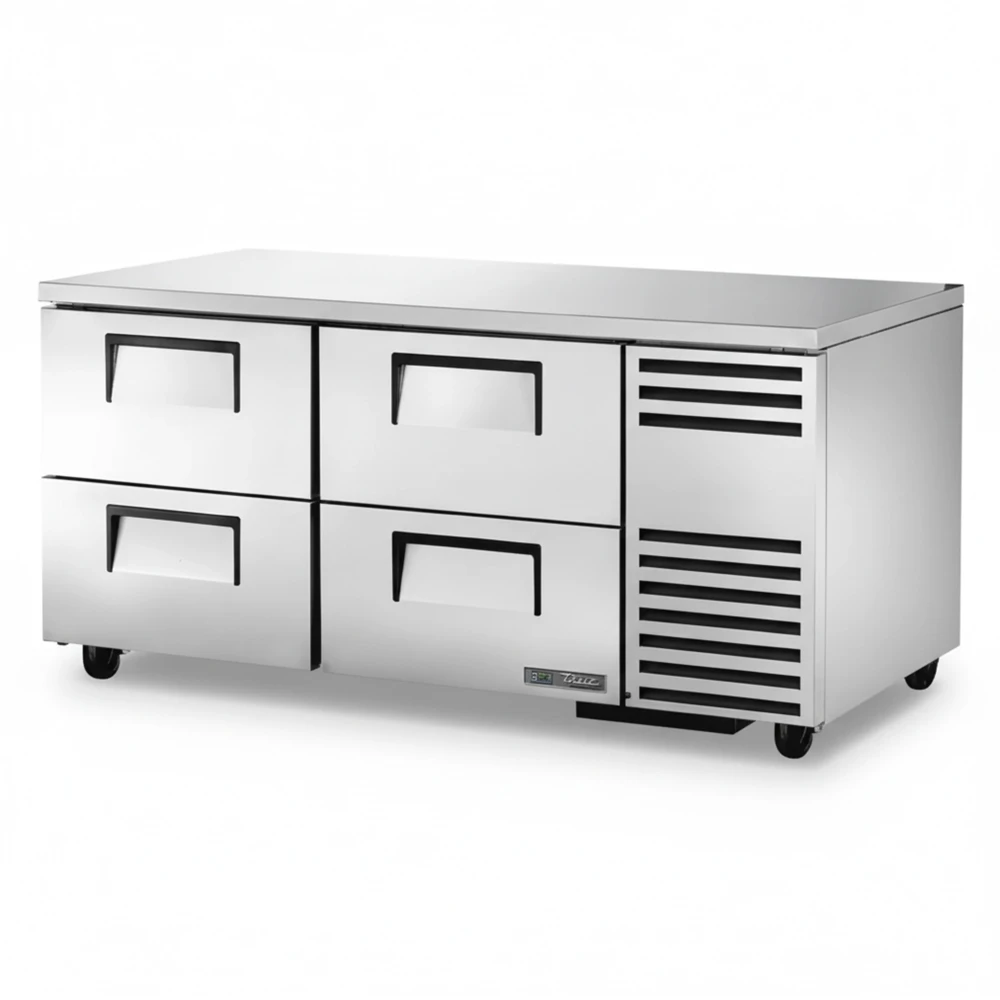 True aluminum undercounter refrigerator with four drawers for categorized cold ingredient storage in busy commercial kitchens