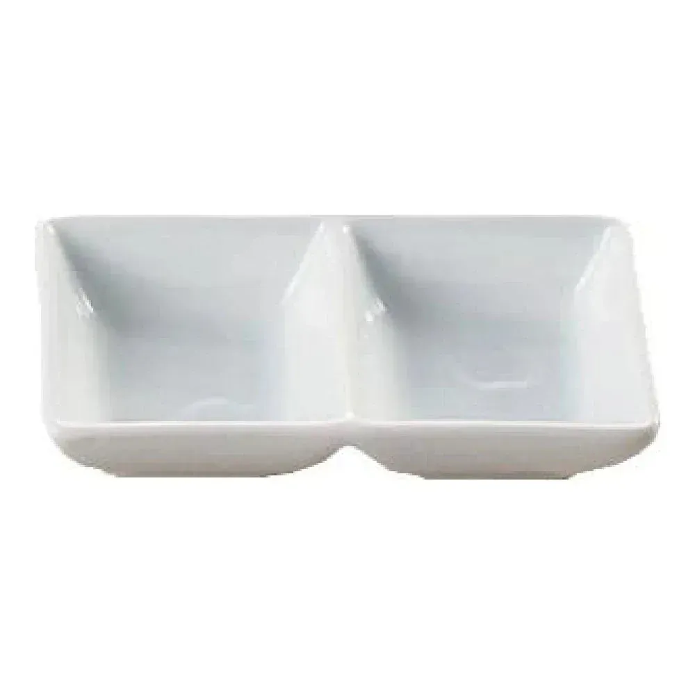 White two-divided rectangular tray by Yanco China, compact for hotel and restaurant sauce tasting, café condiment, and buffet display.