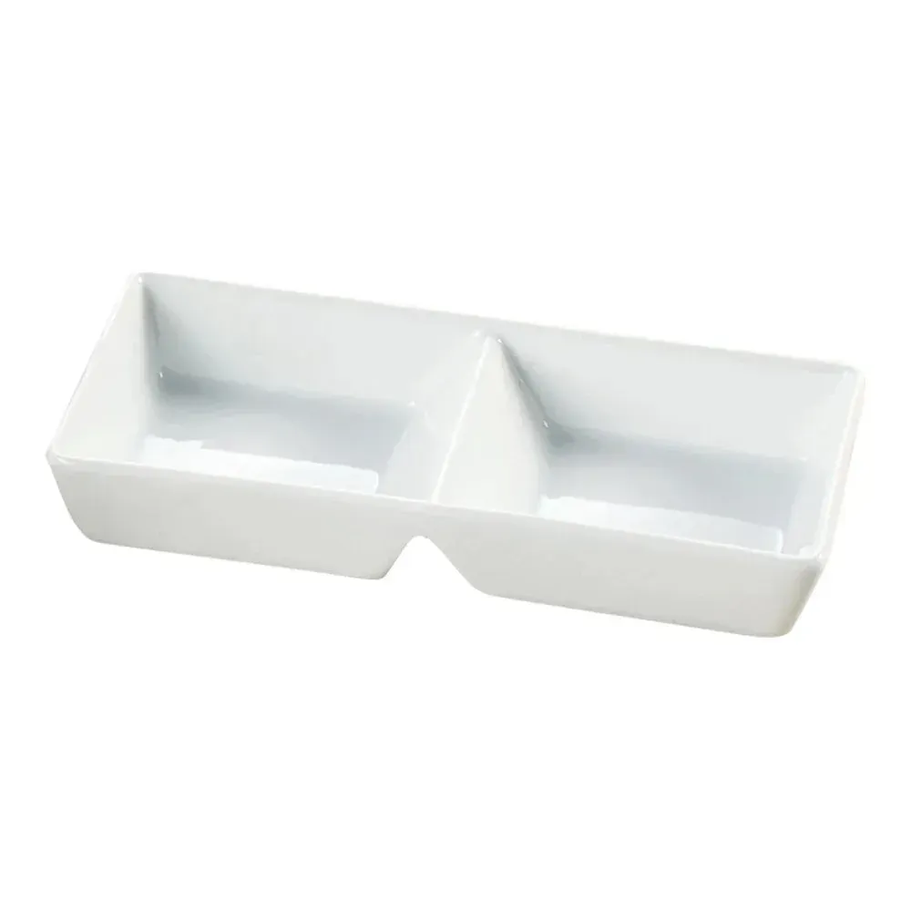 White two-divided rectangular tray by Yanco China, medium size for hotel and restaurant appetizer sharing, café platter, and buffet service.