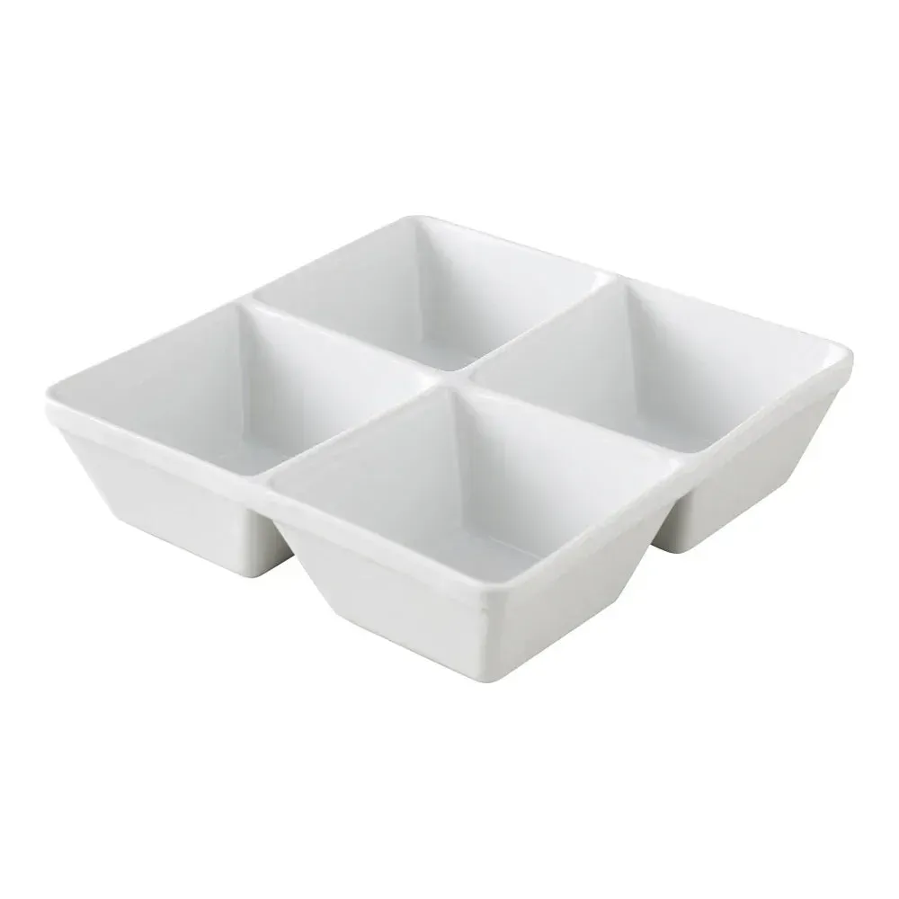Four-compartment square bowl by Yanco China, ideal for hotel or restaurant sauce tasting, café condiment service, and buffet display.