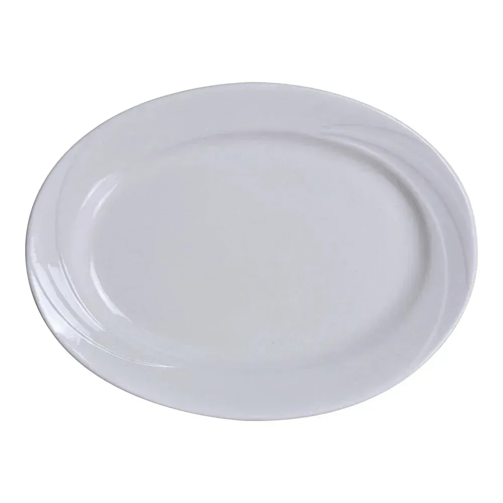 Streamlined oval platter by Yanco China, ideal for hotel main courses or café serving. Balanced form enhances food styling and resists damage.