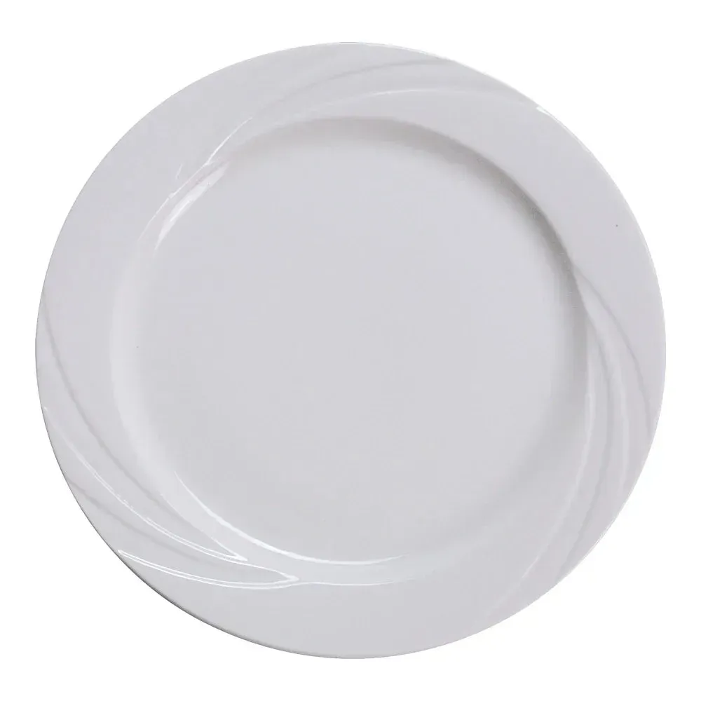 Versatile round chinaware plate by Yanco China, offers large surface for entrées and mains in hotels or cafés. Durable and enhances plating.