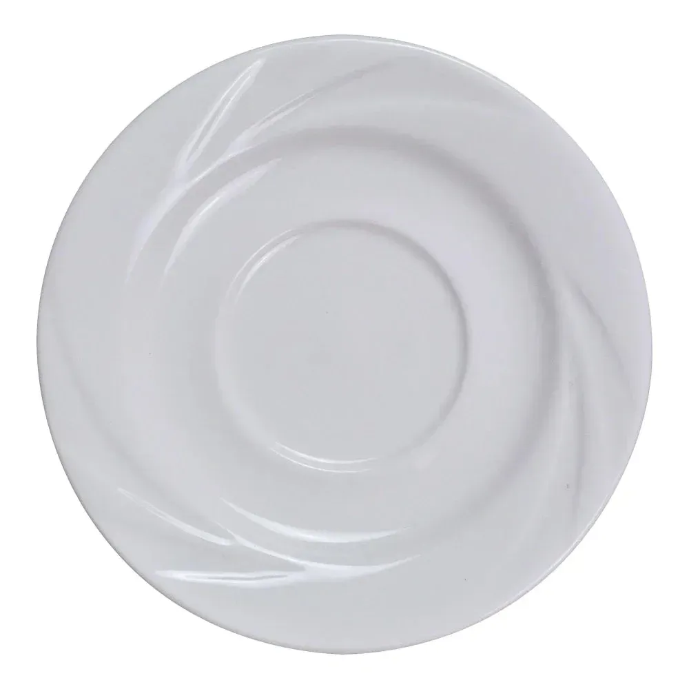 Round white saucer by Yanco China, fits restaurant cups, perfect for café coffee or hotel tea service. Compact design suits professional settings.