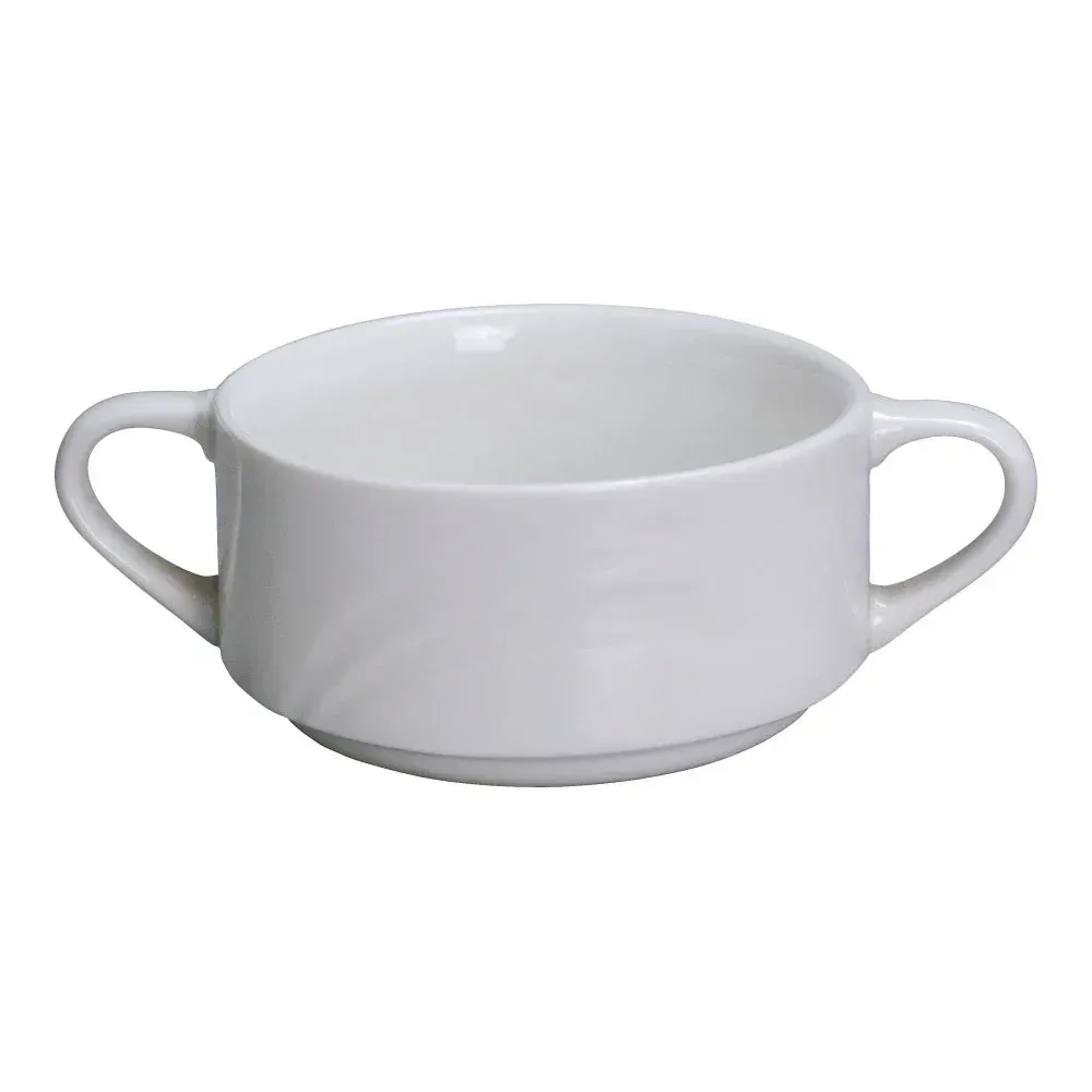 White bouillon cup with handle by Yanco China, durable soup bowl for hotels. Classic design for catering, cafés, and buffet service.