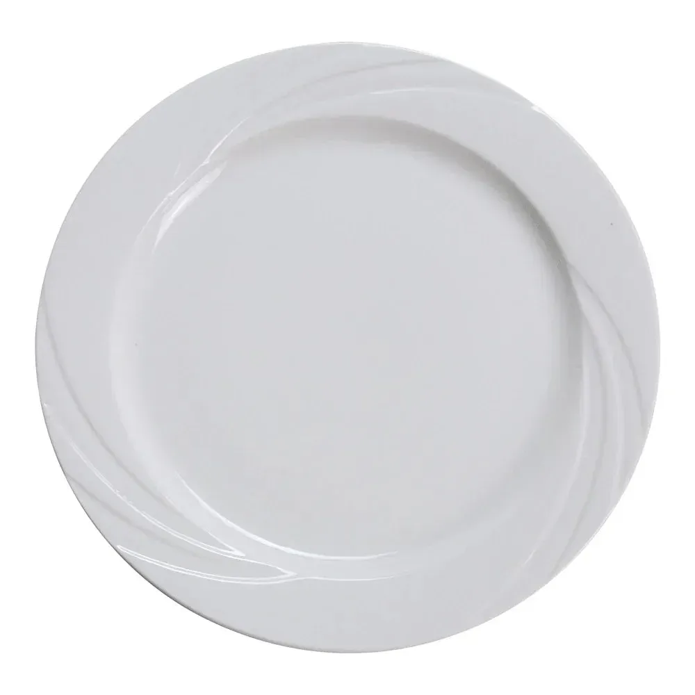 White round chinaware plate by Yanco China, timeless everyday dinnerware for hotels and bistros. Durable and suitable for buffets and cafés.