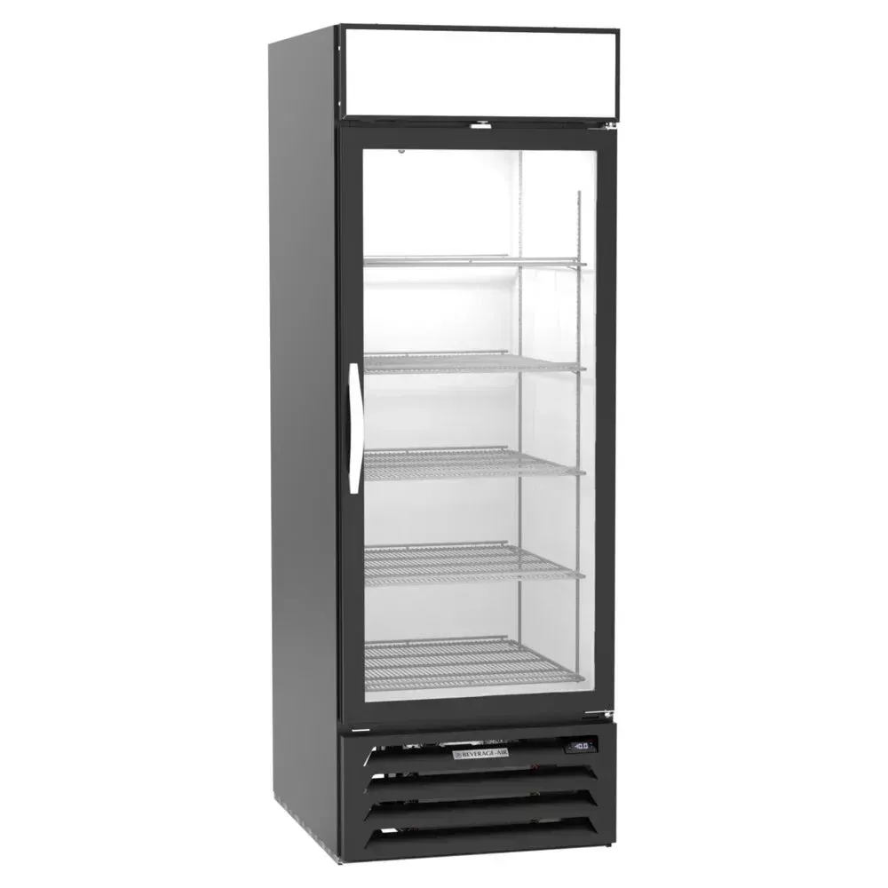 Beverage-Air white glass door merchandiser with bright LED interior, spacious refrigerated showcase for beverages in stores or cafes.