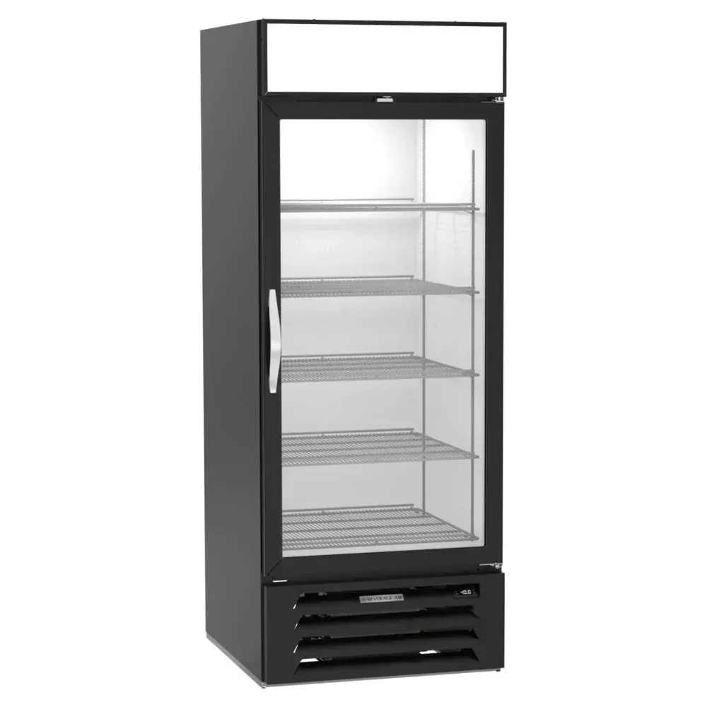 Beverage-Air glass door merchandiser with LED-lit shelves and black exterior, bold display for bottled drinks and grab-and-go snacks.