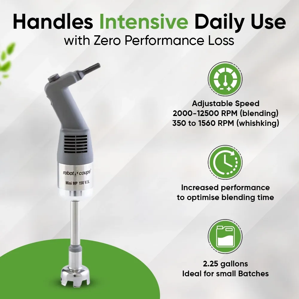 Robot Coupe mini combi blender with whisk for small batch sauces, dressings, and purees in mobile or space-limited commercial kitchens.