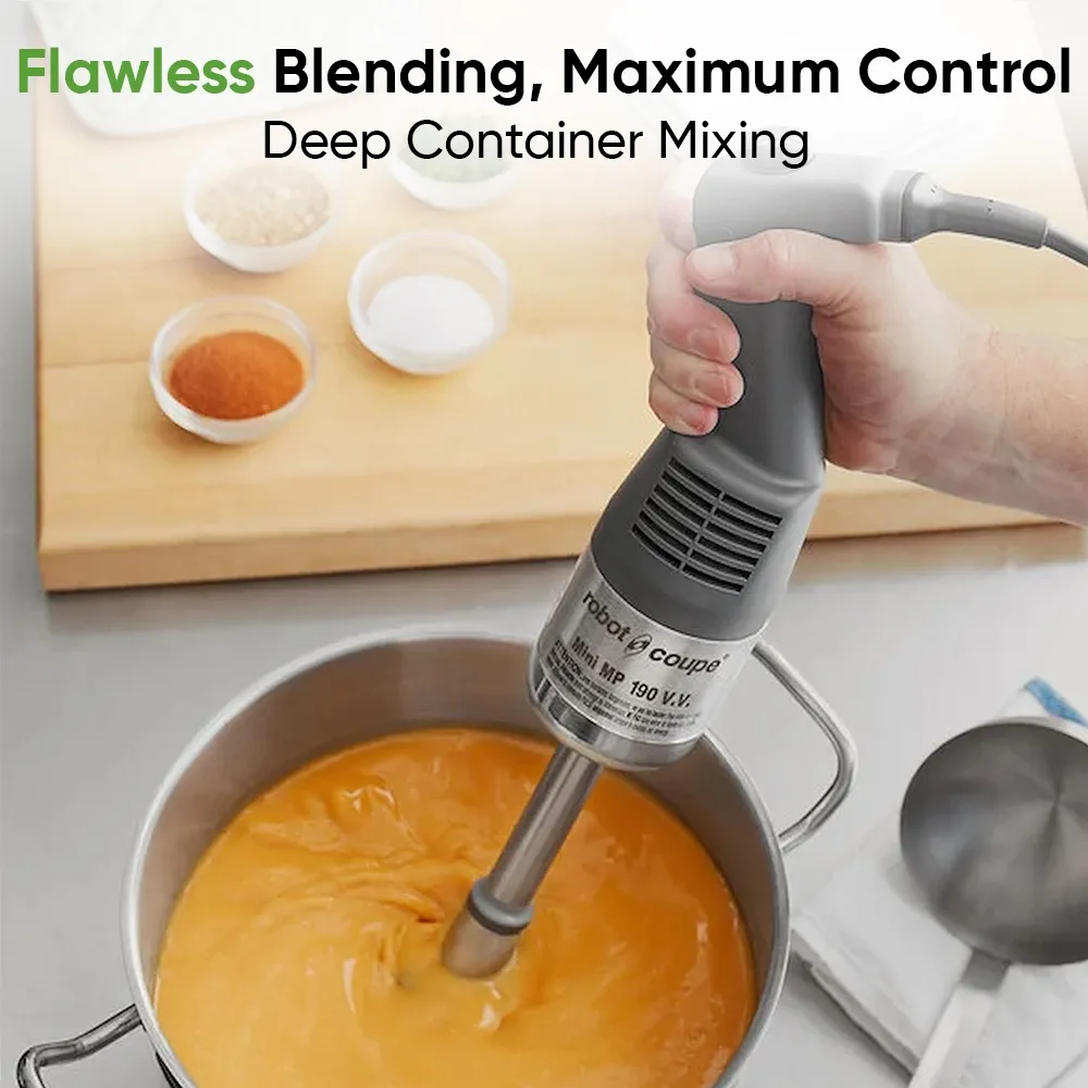 Robot Coupe mini combi blender with whisk for small batch sauces, dressings, and purees in mobile or space-limited commercial kitchens.